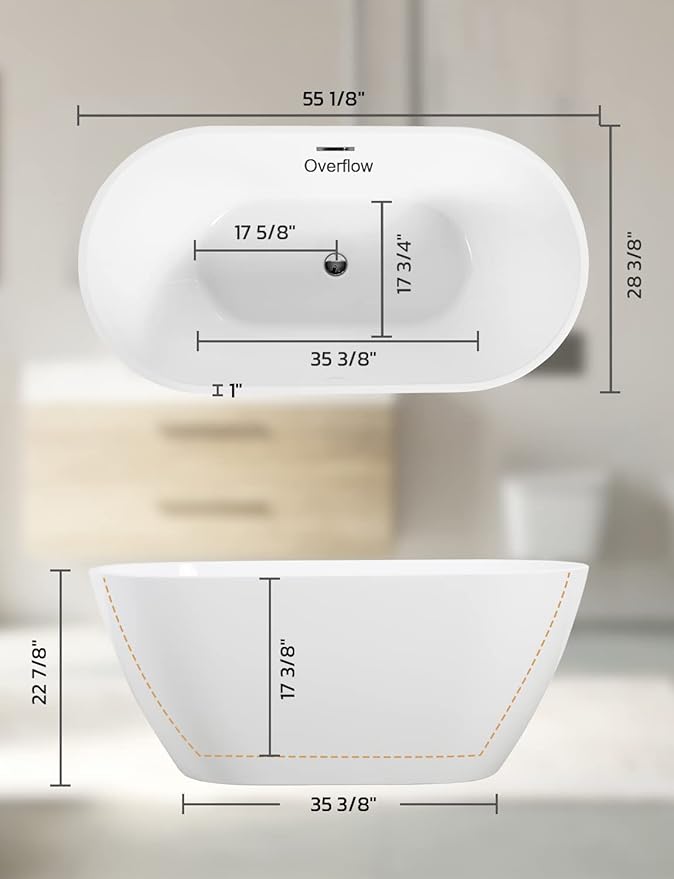 Acrylic Bathtub 59 Inch, Freestanding Deep Soaking Bath Tub with Brushed Overflow and Drain, Contemporary Gloss White Freestanding Bathtub