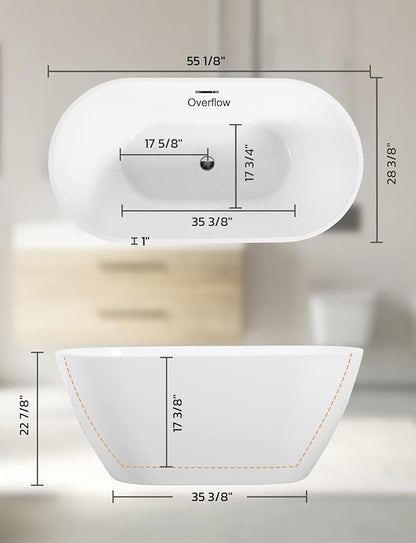 Acrylic Bathtub 59 Inch, Freestanding Deep Soaking Bath Tub with Brushed Overflow and Drain, Contemporary Gloss White Freestanding Bathtub