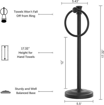 Hoimpro 17 Inch Stand Hand Towel Holder Towel Bar Towel Hanging Ring, Free Standing Floor Hand Towel Rack Storage for Bathroom Kitchen Vanity Countertops, Hardware Accessories(Matte Black)