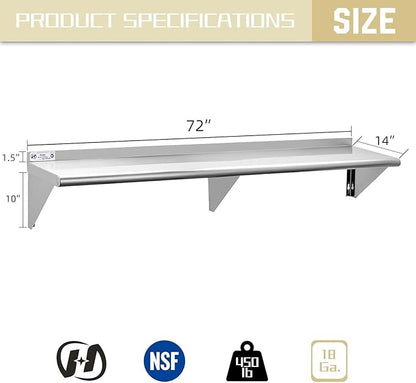 Hally Stainless Steel Shelf 14 x 72 Inches, 450 lb, Commercial Wall Mount Floating Shelving for Restaurant, Kitchen, Home and Hotel