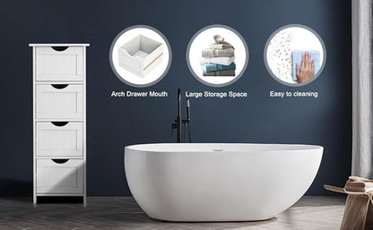Bonnlo Skinny Bathroom Floor Storage Cabinet,White 12 Inch Wide Deep Small Storage Organizer with 4 Drawers, Wooden Modern Thin Free Standing Tower Cabinet w/ 4 Cute Drawers for Bathroom, Living Room