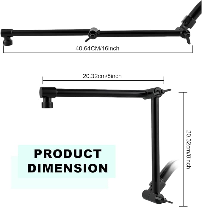 Shower Head Extension Arm, 16 Inch Solid Brass Adjustable Extender with Lock Joint, Height & Angle Adjustable Shower Arm for Rainfall or Fixed Shower Head, G1/2 Connector (Matt Black)