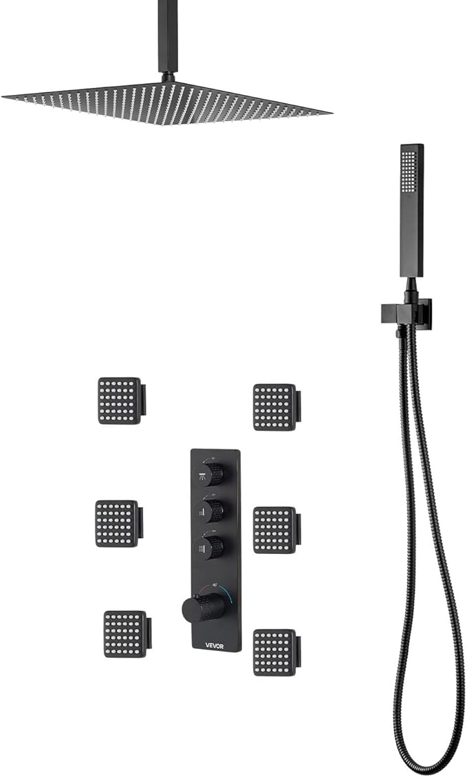 VEVOR Shower Faucet Set, 16 Inch Thermostatic Ceiling Mount Rainfall Shower System with 6 Body Jets and Handheld Spray, Rotatable 3-Function Rain Head Complete Brass Valve and Trim Kit, Matte Black