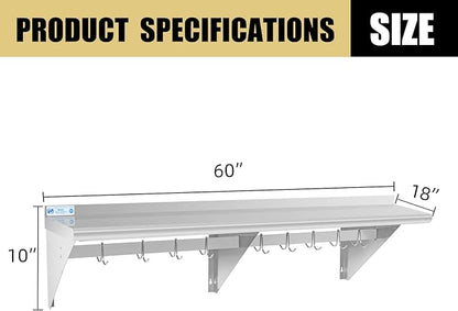 Hally Stainless Steel Shelf with 9 Hooks 18" x 60" Wall Mounted Pot Rack 450lb, NSF Commercial Floating Shelving for Storage Hanging Pots, Pans, cookware in Restaurant, Kitchen, Home and Hotel