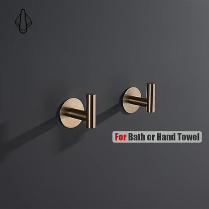 JQK Self Adhesive Towel Hook Champagne Bronze, No Drill Stick on Coat Robe Clothes Wall Hook for Bathroom 2 Pack, 304 Stainless Steel, ATH110-CB-P2
