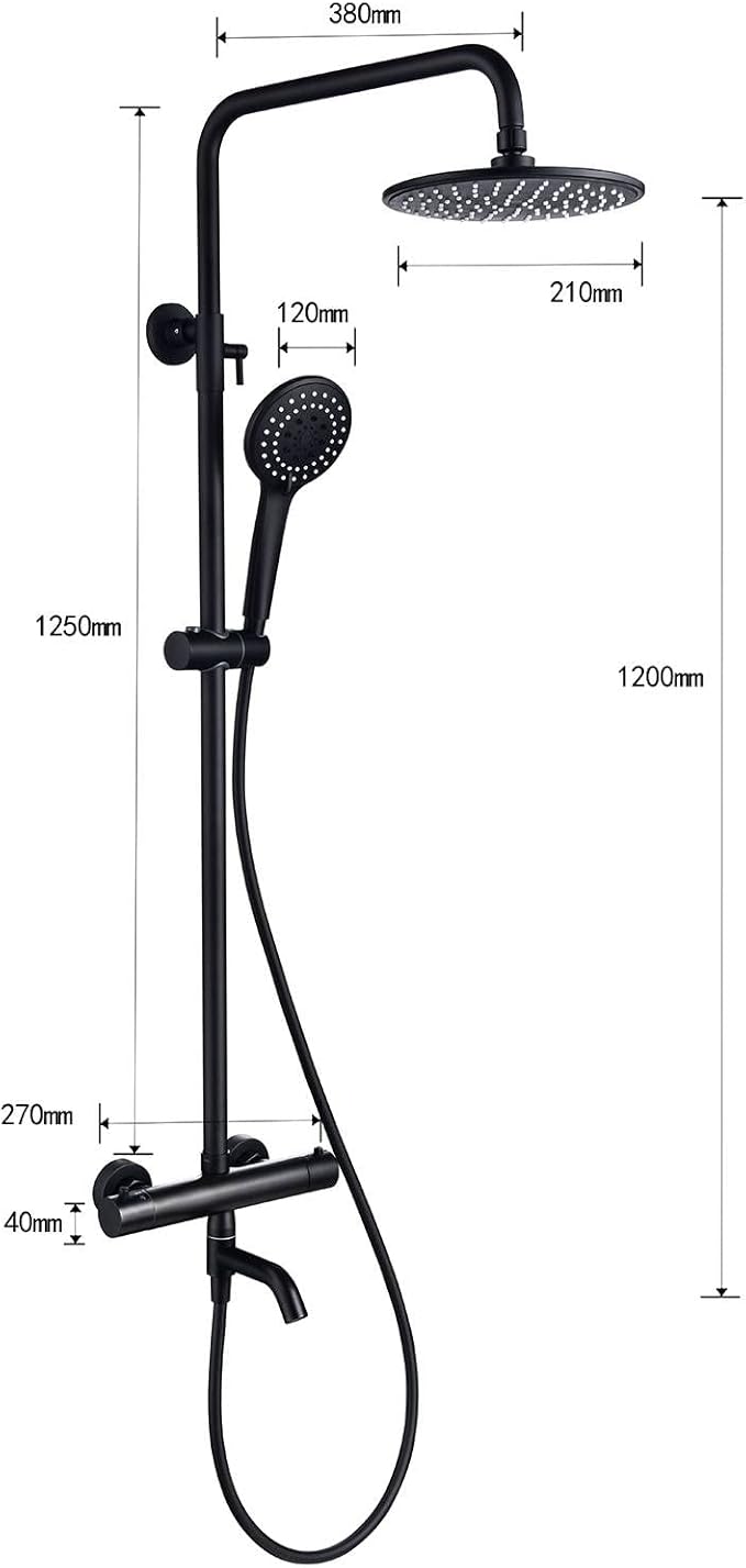 3-Function Thermostatic Outdoor Shower Faucet Set, 8" Round Head Shower, Exposed Pipe Wall Mount with Constant Temperature, Matte Black with Height Adjustable Slide Bar ABS Handheld Sprayer