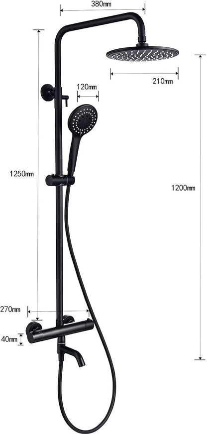 3-Function Thermostatic Outdoor Shower Faucet Set, 8" Round Head Shower, Exposed Pipe Wall Mount with Constant Temperature, Matte Black with Height Adjustable Slide Bar ABS Handheld Sprayer