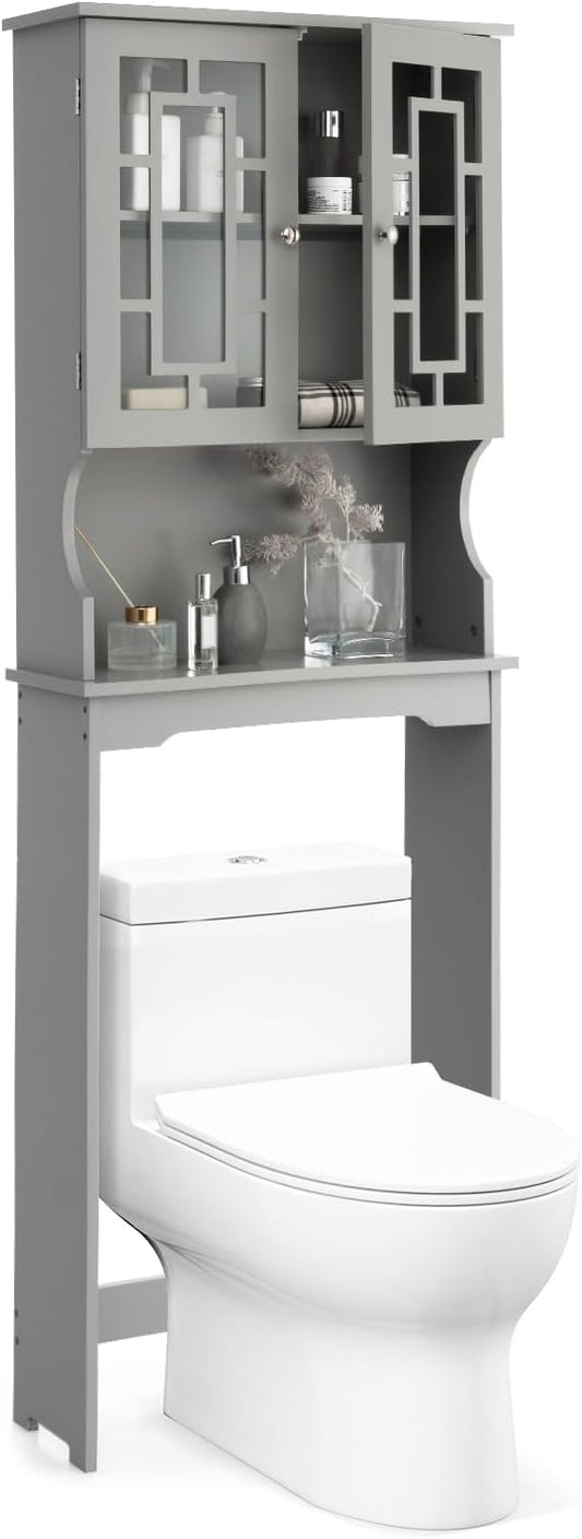 COSTWAY Over The Toilet Storage Cabinet, Bathroom Shelf Over Toilet, Double Door Bathroom Storage Cabinet Organizer with Adjustable Shelf, Open Shelf (Grey)