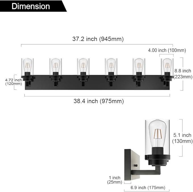 MELUCEE Black Vanity Lights with Clear Glass Shade, 6-Light Modern Bathroom Lighting Fixtures Over Mirror Industrial Wall Mount Light Fixture for Powder Room Kitchen Living Room