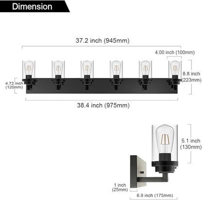 MELUCEE Black Vanity Lights with Clear Glass Shade, 6-Light Modern Bathroom Lighting Fixtures Over Mirror Industrial Wall Mount Light Fixture for Powder Room Kitchen Living Room
