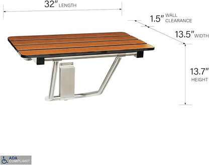 Seachrome 32-inch x 15-inch in ADA Folding Wall Mount Bathroom Shower Seat Bench, Teak Phenolic Seat