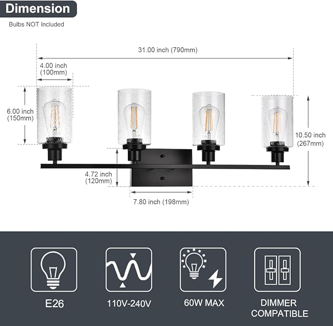 Black 4-Light Bathroom Light Fixtures with Seeded Glass Shade, 31-Inches Length Farmhouse Vanity Lights Over Mirror for Cabinet Kitchen Bedroom