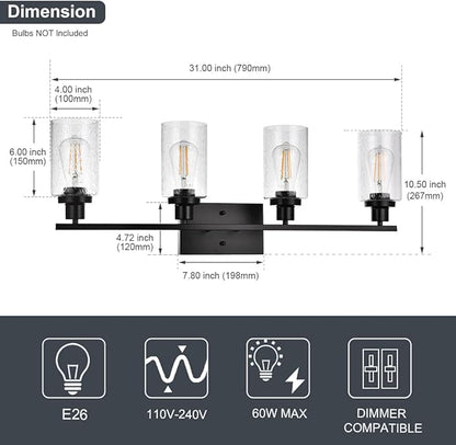 Black 4-Light Bathroom Light Fixtures with Seeded Glass Shade, 31-Inches Length Farmhouse Vanity Lights Over Mirror for Cabinet Kitchen Bedroom