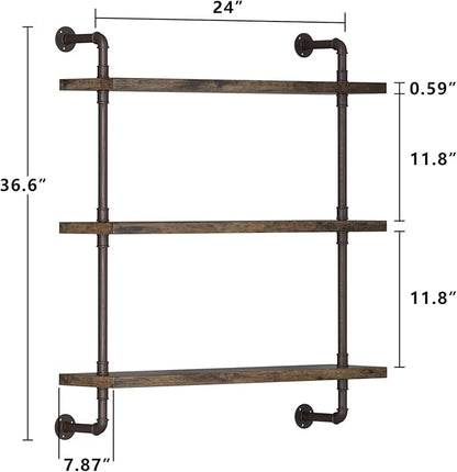 Industrial Pipe Shelf Wall Mounted, Rustic Wood Floating Shelves, 3 Tier Wall Display Bookshelf, Storage Rack Sundries Holder for Kitchen Office Bathroom Organization and Home Decor (24inch x 2)