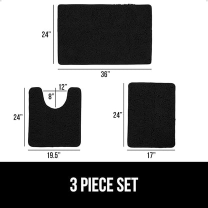 GORILLA GRIP Bathroom Rug Sets 3 Piece, Bath Mat Set and Oval Toilet Base with Rubber Backing, Plush Absorbent Shaggy Chenille Washable Mats, Includes 24x19.5, 24x17 and 36x24 Inch Rugs, Black