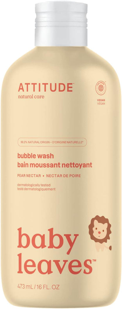 ATTITUDE Bubble Body Wash for Baby, EWG Verified, Dermatologically Tested, Plant and Mineral-Based, Vegan, Pear Nectar, 16 Fl Oz