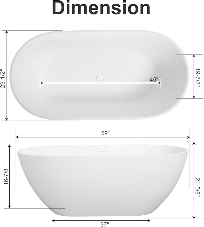 59 Inch Solid Surface Freestanding Bathtub, Oval Shaped Soaking Stone Resin Bath Tub with Brushed Overflow and Drain, Matte White Stand Alone Bathtub, cUPC Certified