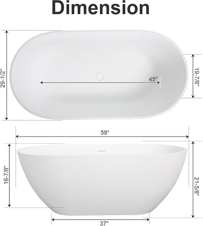 59 Inch Solid Surface Freestanding Bathtub, Oval Shaped Soaking Stone Resin Bath Tub with Brushed Overflow and Drain, Matte White Stand Alone Bathtub, cUPC Certified