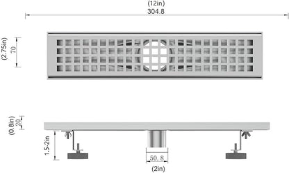 12 Inch Rectangular Shower Floor Drain, Brushed Nickel High Flow Shower Drain Kit with Flange with Hair Filter, Removable Grate Cover, 304 Stainless Steel, Abs Fixing Tray (Brushed)