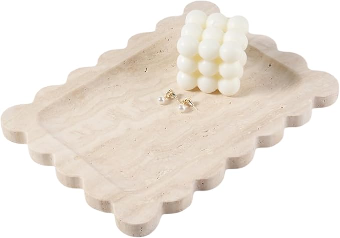 Koville Romano Travertine Vanity Tray, 11"x8" Natural Marble Decorative Scalloped Tray for Jewelry Cosmetics Perfume Trinket, Stone Organizer Tray for Countertop Bathroom Kitchen Dresser(Beige)