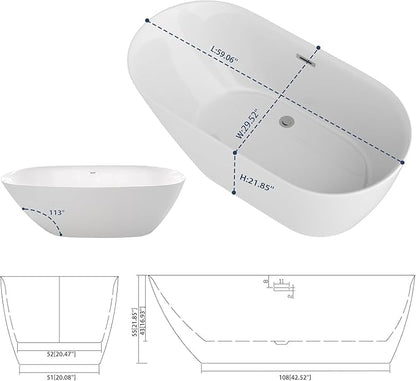 Sarlai 59 Inch Acrylic Freestanding Soaking Bathtub Contemporary Soaking White Tub Stand Alone Ergonomic Bathtub with Chrome Drain and Overflow