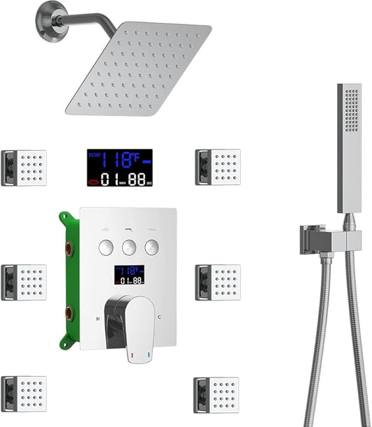 Bathroom Rainfall Shower System Wall Mount 8 Inch Shower Head With Handled Spray 6 Pcs jets Temperature Display Shower Faucet Set (Chrome)