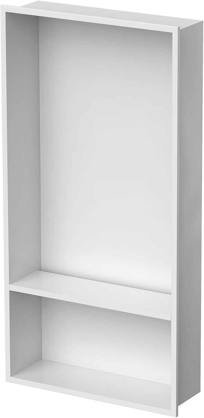 Homevacious 13" X 25" Stainless Steel Shower Niche No Tile Needed Double Shelves White Bathroom Shelf Rimless Recessed Wall Niche for Bathroom Storage