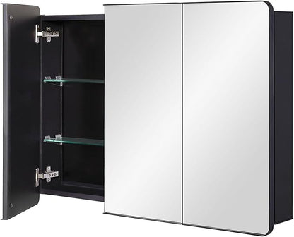 Bathroom Mirror Medicine Cabinet with Round Corner Framed Door 36 x 26 inch, Black，Recessed or Surface Mount, with Adjustable Glass Shelves