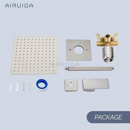 Airuida Shower Faucet Set and Handle Set Single Function Shower Trim Kit Ceiling Mount Rainfall Shower System with Male Threads and Rough-in Valve 10 Inch Square Shower Head Brushed Nickel