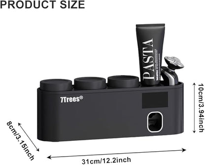 Toothbrush Sanitizer, Self Adhesive Toothbrush Holder with 3 Cups, Automatic Toothpaste Squeezer Dispenser Bathroom Accessories Set (Black)