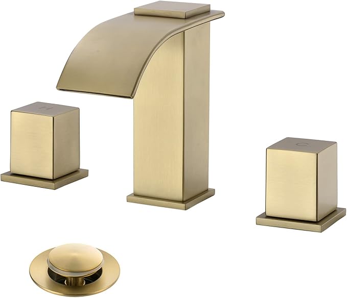 Luxury Brass 8 Inch Modern Widespread Waterfall Bathroom Sink Faucets with Copper Valve for 3 Hole 2-Handle Deck Bathroom Vanity Faucet, &Stainless Steel Pop-up Drain Assembly, Brushed Champagne Gold