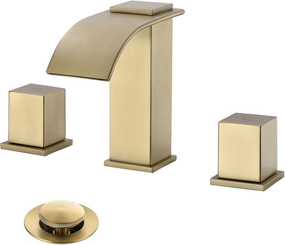 Luxury Brass 8 Inch Modern Widespread Waterfall Bathroom Sink Faucets with Copper Valve for 3 Hole 2-Handle Deck Bathroom Vanity Faucet, &Stainless Steel Pop-up Drain Assembly, Brushed Champagne Gold