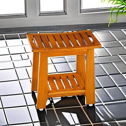 18" Standard Teak Shower Bench with Shelf & Handle - Waterproof, Non-Slip Bath Stool, 300 lbs Capacity - Fits Standard Tubs/Showers & Outdoor Use (Patented)