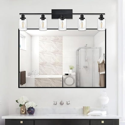 40 Inches Length Black Bathroom Lighting Fixtures, 5-Light Modern Industrial Wall Sconce Vanity Light Fixture with Seeded Glass for Bedroom Over Mirror