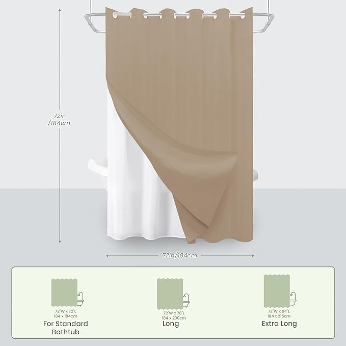 Inhousolu No Hook Waffle Weave Shower Curtain with Removable Snap in Fabric Liner Set for Bathroom, 230 GSM Heavy Duty Weighted Hem, Water Repellent Washable Bath Curtains, 72 x 72 Inch, Beige