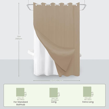 Inhousolu No Hook Waffle Weave Shower Curtain with Removable Snap in Fabric Liner Set for Bathroom, 230 GSM Heavy Duty Weighted Hem, Water Repellent Washable Bath Curtains, 72 x 72 Inch, Beige