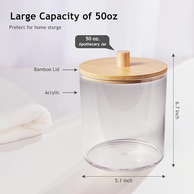 SheeChung 2 Pack 50 Oz Large Apothecary Jar with Bamboo Lid, Laundry Pods Container, Storage Jars for Bathroom Organization, Plastic Canisters with Cute Stickers Spoons(Natural)