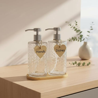 Glass Soap Dispenser Set with Bamboo Tray - 2 Pack 16 Oz Arrow Embossed Refillable Bottles with Silver Rustproof Stainless Steel Pump for Hand Dish in Farmhouse Modern Bathroom Kitchen (Clear)