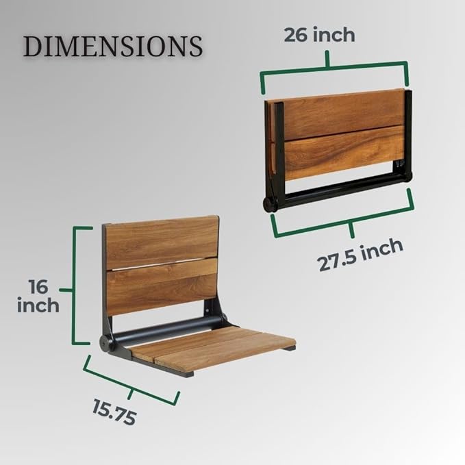 Teak Shower Seat - Contour Wood / Folding Wall Mount Bench for Inside Shower / ADA Safety Assist / 304 Stainless Steel / Matte Black / 26" x 16"