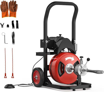 75 ft 1/2 in Cable Drain Cleaning Machine, 450W Auto Feed Portable Electric Sewer Snake, Electric Drain Auger with 6 Cutter Air-Activated Foot Switch for 2 in to 4 in Pipes