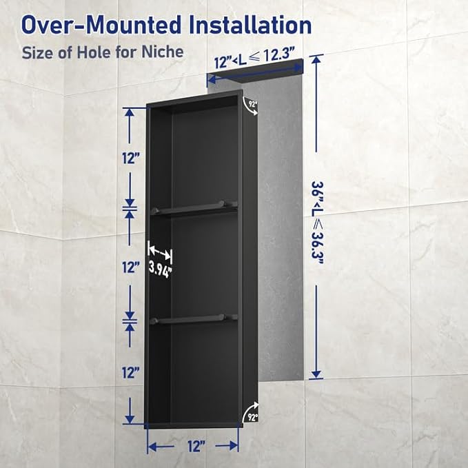 Stainless Steel Shower Niche w/Hooks, Wall Vertical Niche Without Tiling, Recessed Shower Shelf for Bathroom Storage, Over-Mount Installation (Black, 12'' x 36'')