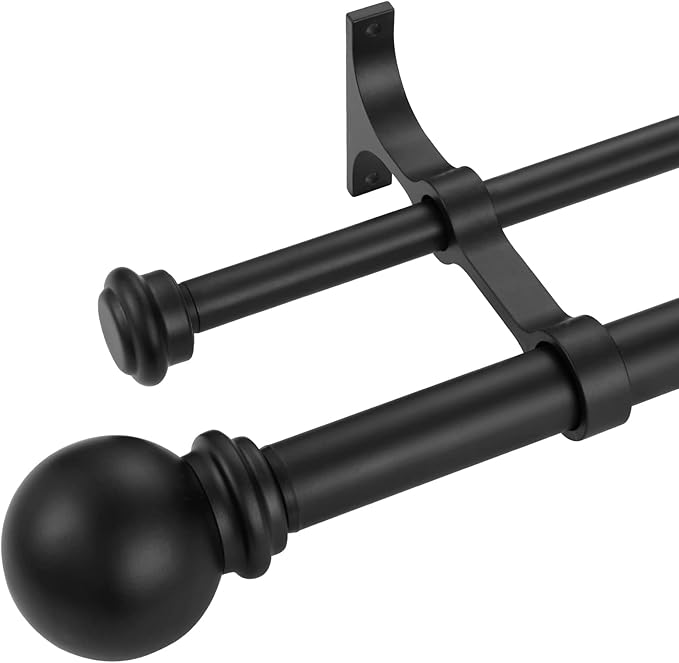 Double Curtain Rod 84 to 120 inch, Adjustable 1 inch Double Drapery Rod Rods for Windows and Doors with Ball Round Finials and Premium Aluminum Brackets Set (84-120",Matte Black)