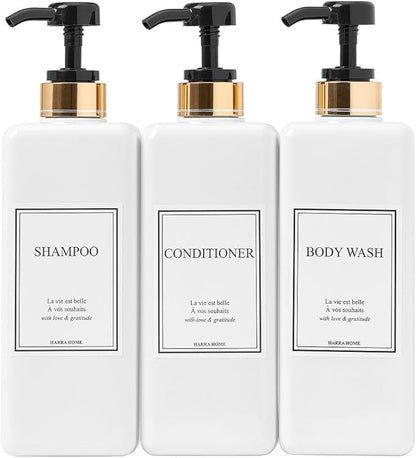 Modern Gold Design Pump Bottle Set 27 oz Refillable Shampoo and Conditioner Dispenser Empty Shower Plastic Bottles with Pump for Bathroom Lotion Body wash Massage Oils, Pack of 3 (Black)