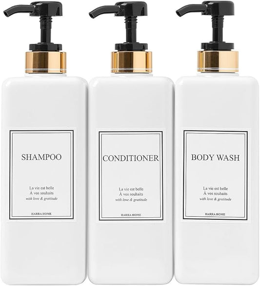 Modern Gold Design Pump Bottle Set 27 oz Refillable Shampoo and Conditioner Dispenser Empty Shower Plastic Bottles with Pump for Bathroom Lotion Body wash Massage Oils, Pack of 3 (Black)