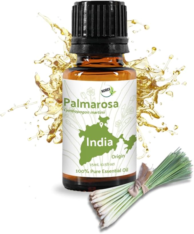 Palmarosa Essential Oil Direct from Norex Flavours India for Skin and Aromatherapy - Aceite de Palmarosa for Candle Scent for Candlemaking and Soaps (15ml)