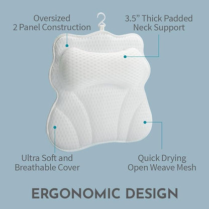 WONDERfoam Thick Padded Ergonomic Bath Pillow for Tub, Bathtub Headrest Neck and Back Support, Strong Suction Cups, Machine Washable Breathable Mesh Quick Dry Pillows, Luxury Spa Accessories, White