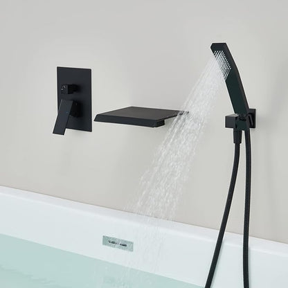 Wall Mount Tub Filler Waterfall Tub Faucet Black Bathtub Faucet Brass Single Handle Bathroom Faucet with Hand Shower