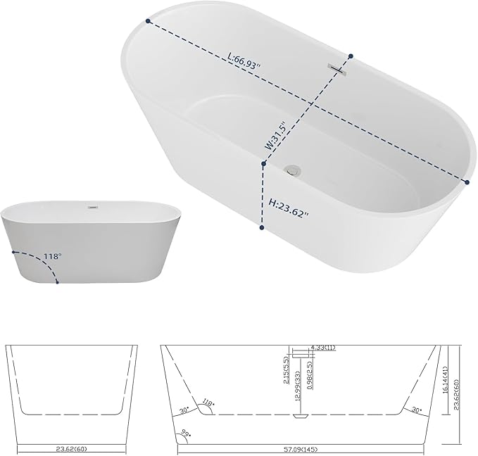 Sarlai 67 Inch Acrylic Freestanding Soaking Bathtub Contemporary Soaking White Tub Stand Alone Ergonomic Bathtub with Black Drain