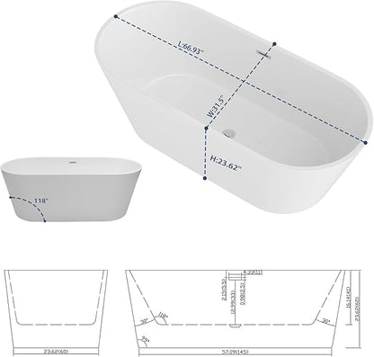 Sarlai 67 Inch Acrylic Freestanding Soaking Bathtub Contemporary Soaking White Tub Stand Alone Ergonomic Bathtub with Black Drain