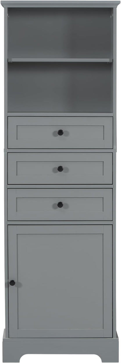Favfurish 67" Tall Bathroom Storage Cabinet with Door and 3 Drawers,Modern Linen Cabinets w/Adjustable Shelf & 2-Tier Open Shelves,Freestanding Organizer for Bath Room,Study,Office,Grey